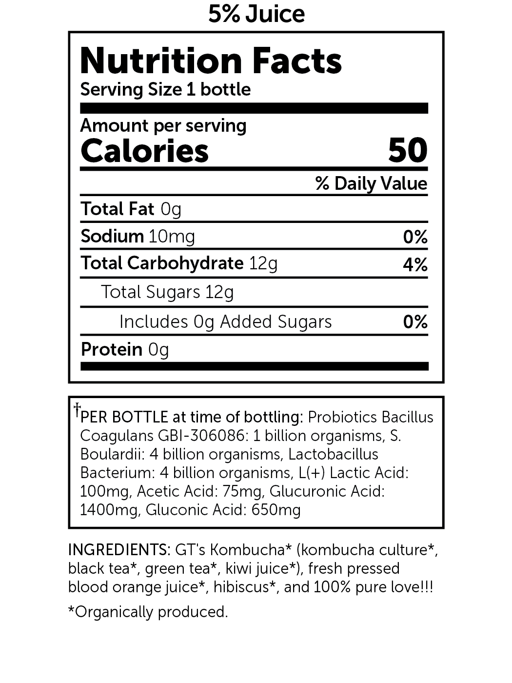 SYNERGY Raw Kombucha Blood Orange Nutrition Facts