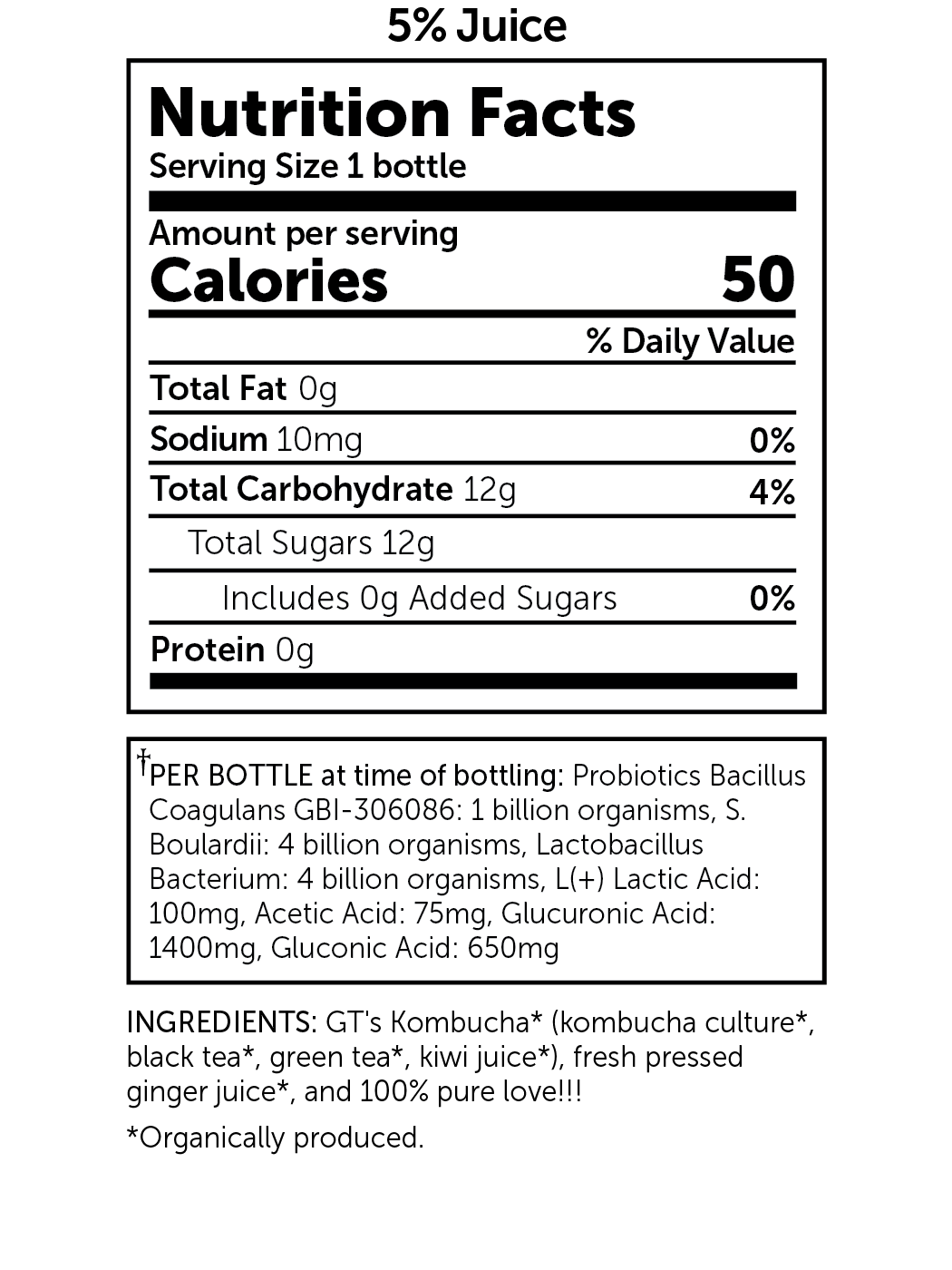 SYNERGY Raw Kombucha Gingerade Nutrition Facts